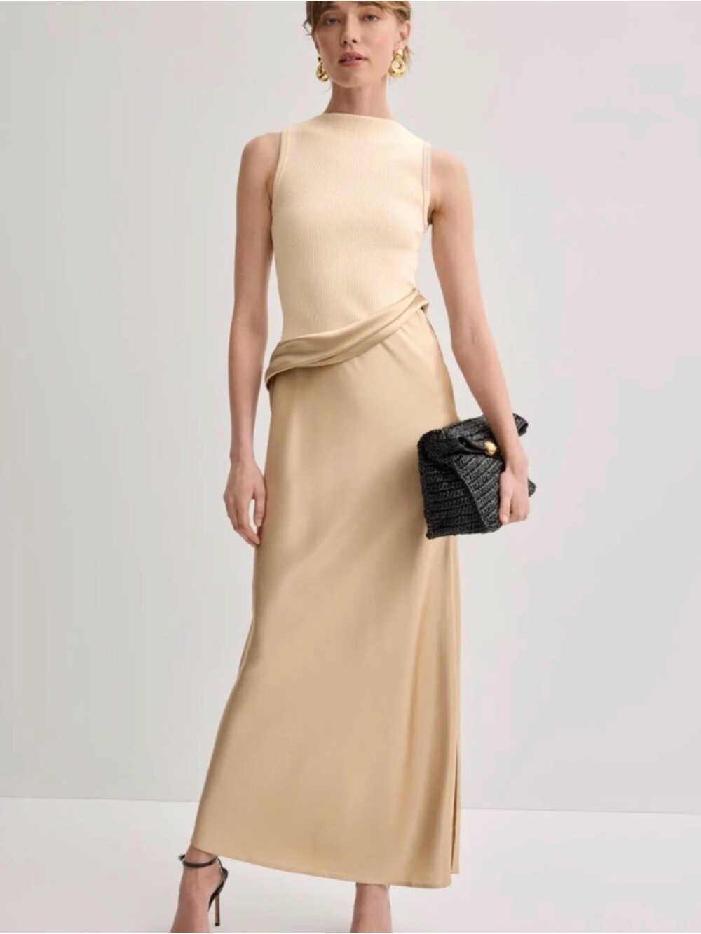 Nanushka Cobee Dress in Dune & Cream Satin Maxi Skirt Ribbed Knit Tank